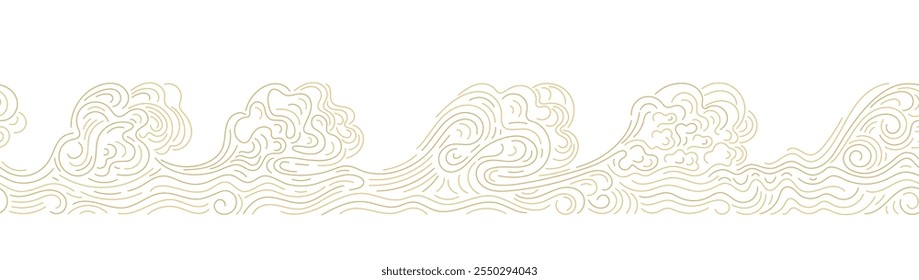 High ocean waves, line pattern of sea. Abstract landscape in oriental style. Line vector golden texture border on transparent background. Tradition chinese wallpaper for cover, simple banner