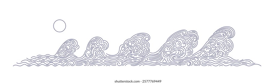 High ocean waves, sea. Minimal line illustration. Abstract vector landscape in oriental style. Nature marine print on transparent background. Tradition chinese simple poster