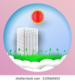 High office building with sun and blue sky. Paper cut style vector element illustrator.