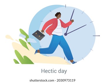 High pace of life concept. Man on background of large clock in hurry to work. Employee late for meeting. Character runs down street. Cartoon flat vector illustration isolated on white background