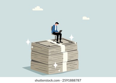 High paying job or high paying career, amazing income and wages, make money online with computer and internet concept, happy businessman sitting working with computer laptop on stack of money bundles.