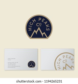 High Peaks Company logo. Mountain Travel Agency emblem. Mountain peaks and letters. Emblem for alpinism, climbing and mining equipment. 