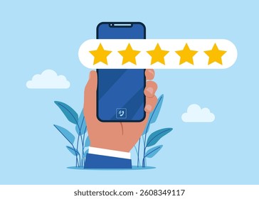 High performance 5 stars rating on customer service. Star quality rating. Hand picking the star for review on smartphone. Best quality. Top rating - customer review online. Flat vector illustration