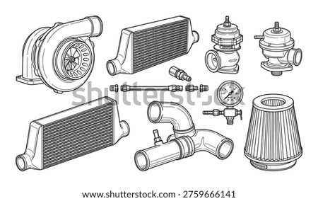 High performance automotive modification components featuring boost gauge intake pipes and fuel pressure regulator