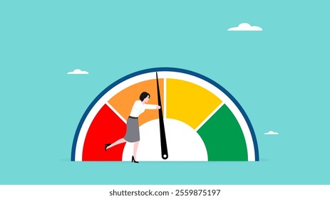 high performance businesswoman skill to achieve work productivity or efficiency with concept of businesswoman trying to push the measuring needle to high performance flat vector illustration