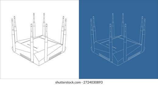 Esquema de desenho técnico de perspectiva isométrica do roteador Wi-Fi de jogos de alto desempenho