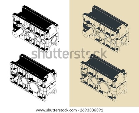 High performance reduction spur gear box stylized vector illustrations