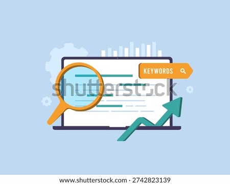 High performing SEO keywords research, search engine ranking strategy. High Intent seo keywords, long-tail phrases digital marketing analytics dashboard, modern flat infographic UI vector illustration