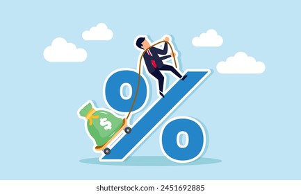 High personal loan interest, financial risk, debt repayment, credit impact, monetary policy, concept of A man struggle to pull a heavy money bag labeled as loan up a hill marked with a percentage sign