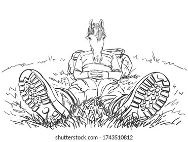 High perspective drawing of hiker with horse head sitting outdoor on ground, with legs in trekking boots, stretched forward, and with back rested on backpack. Hand drawn illustration, vector sketch