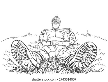 High perspective drawing of hiker man sitting outdoor on ground, with legs in trekking boots, stretched forward, and with back rested on backpack. Hand drawn illustration, vector sketch
