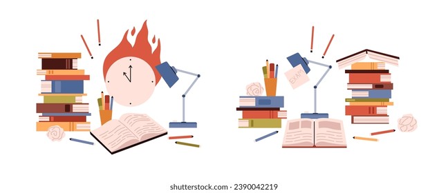 Gran cantidad de libros, lámpara con nota, horas de combustión y sábanas desmenuzadas. Pila vectorial de libros de texto escolares, literatura de biblioteca, diccionarios y enciclopedias. Conjunto de ilustraciones de educación de examen