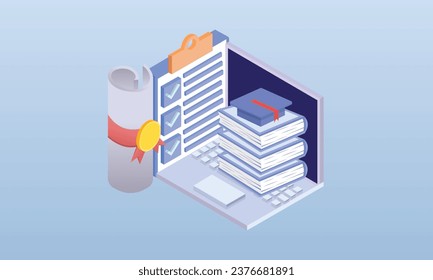High pile of books on which lies the bachelor's cap.on blue background.3D design.isometric vector design Illustration.