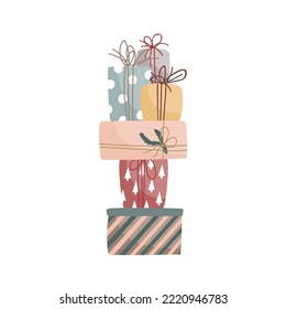 High pile of Christmas presents in pastel colors. Modern winter season poster, brochure, wall art design. Christmas greeting card. Vector illustration