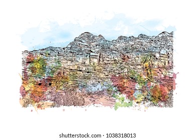 High place with sacrifice trail, Petra, Jordan. Watercolor splash with hand drawn sketch illustration in vector.