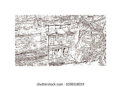 High place with sacrifice trail, Petra, Jordan. Hand drawn sketch illustration in vector.