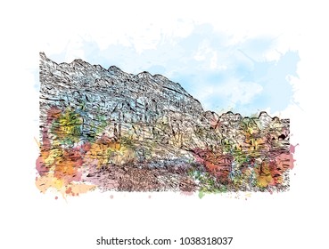 High place with sacrifice trail, Petra, Jordan. Watercolor splash with hand drawn sketch illustration in vector.
