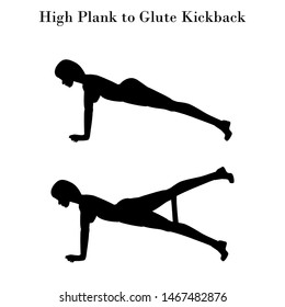 High plank to glute kickback exercise silhouette on the white background. Vector illustration