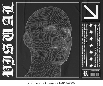 High poly head, 3d human face mesh structure. In futuristic style, with techno design elements, print for a clothing brand, t-shirts, hoodies, banners