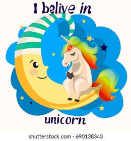 High polygon trendy vector illustration of a cute unicorn with cup of tea or coffee sitting on crescent moon with night sky on background