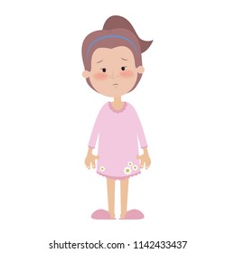 High Pony Tail And Freckled Face Girl In Pink Pajamas And Slippers.