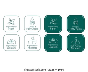 high potency fiber, omega 3 fatty acid, high calcium, high potency minerals icon set vector illustration