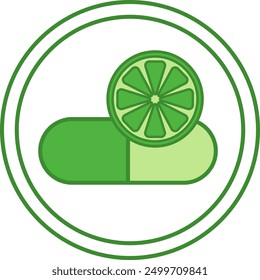High Potency Vitamin C Green Icon. Vector Icon. Vitamin Capsule and Half Lemon. Label for Medicine and Food Packaging