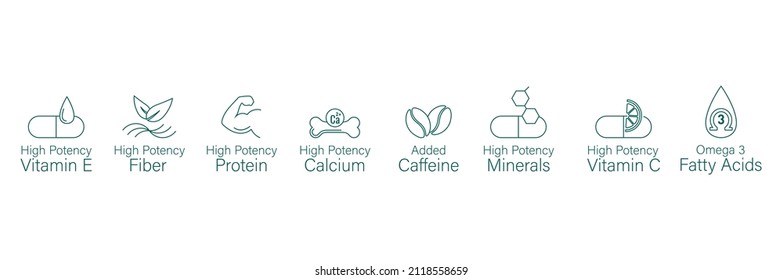 High potency vitamin e, fiber,  calcium, protein, caffeine, minerals, vitamin c, omega 3 fatty acid icon set vector illustration  svg