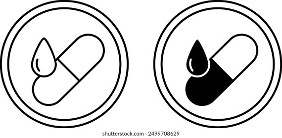 High Potency Vitamin E Icons. Black and White Vector Icons. Vitamin Capsule and Oil Drop. Label For Packaging Of Medicines And Food Products