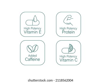 High Potency Vitamins E, Calcium, Protein, Caffeine, Vitamin C, Icon Set Vector Illustration 