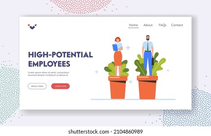 High Potential Employees Landing Page Template. Staff Develop Skills, Business Woman and Man Grow in Flower Pots, Concept of Self Improvement and Career Development. Cartoon People Vector Illustration