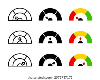 High power level indicator icon set. High performance diagram. Highest speed infographic vector illustration. Measuring gauge chart symbol. High risk dial dashboard sign. Progress bar arrow icon.