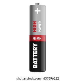 High power nickel-metal hydride type of compact battery isolated on white. Qualitative energy container for long usage in grey and black colors. Small galvanic appliance vector illustration.