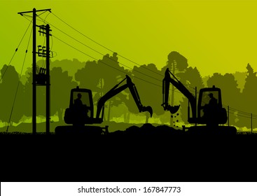 High power voltage electricity lines and engineers with excavator loaders tractors and bulldozers in countryside forest field construction site landscape illustration background vector