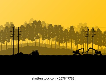 High power voltage electricity lines and engineers with excavator loaders tractors and bulldozers in countryside forest field construction site landscape illustration background vector