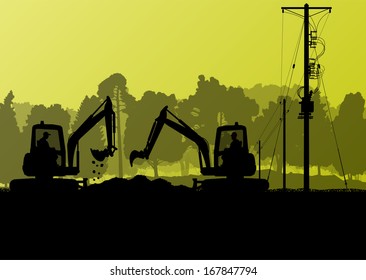 High power voltage electricity lines and engineers with excavator loaders tractors and bulldozers in countryside forest field construction site landscape illustration background vector