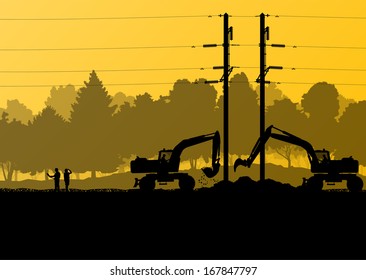 High power voltage electricity lines and engineers with excavator loaders tractors and bulldozers in countryside forest field construction site landscape illustration background vector