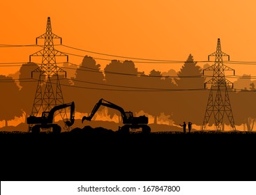 High power voltage electricity lines and engineers with excavator loaders tractors and bulldozers in countryside forest field construction site landscape illustration background vector