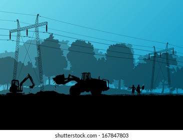High power voltage electricity lines and engineers with excavator loaders tractors and bulldozers in countryside forest field construction site landscape illustration background vector