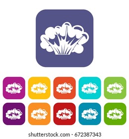 High powered explosion icons set vector illustration in flat style In colors red, blue, green and other