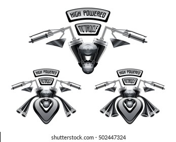 High powered motorcycle concept with gigantic performance exhausts on white background. 3d vector illustration.