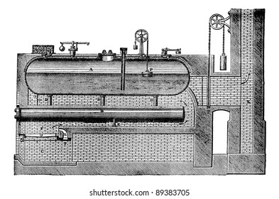 High pressure steam generator, vintage engraved illustration. Steam boiler. Magasin Pittoresque 1875.