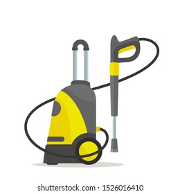 High Pressure Washer Device With Spray Gun And Hose. Home Cleaning Service, Car Washing, Garden, Driveways. Vector Illustration, Flat Style. Isolated On White Background.