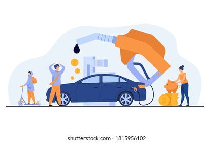 High Price For Car Fuel Concept. People Wasting Money For Gasoline, Changing Car For Scooter, Saving Cash. Flat Vector Illustration For Economy, Refueling, City Transport Concept