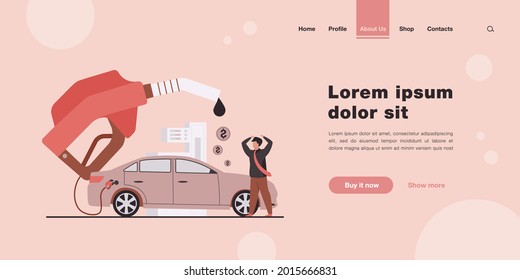 High price for car fuel concept. People wasting money for gasoline, changing car for scooter, saving cash. Flat vector illustration for economy, refueling, city transport concept