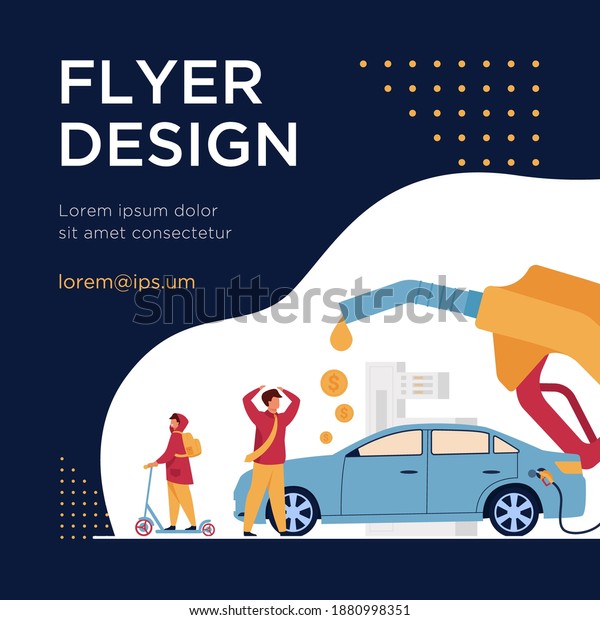 High price for\
car fuel concept. People wasting money for gasoline, changing car\
for scooter, saving cash. Flat vector illustration for economy,\
refueling, city transport\
concept