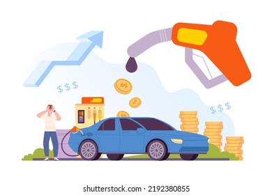 High price fuel. Soaring growth cost petrol automotive oil crude gasoline concept, global increase rise energy prices, shock car driver on economy refuel vector illustration of high, price petroleum