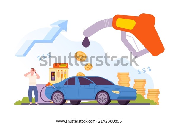 High price fuel. Soaring growth cost petrol\
automotive oil crude gasoline concept, global increase rise energy\
prices, shock car driver on economy refuel vector illustration of\
high, price petroleum