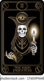 The High Priestess. The 2nd card of Major arcana black and gold tarot cards. Tarot deck. Vector hand drawn illustration with skulls, occult, mystical and esoteric symbols.