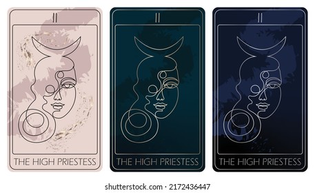 La alta sacerdotisa. Una tarjeta de las principales cartas arcanas de un tirón de una línea. Tarot deck. Ilustración dibujada a mano vectorial con símbolos ocultos, místicos y esotéricos. 3 colores. Propuesta a 2,75x4,75 pulgadas.